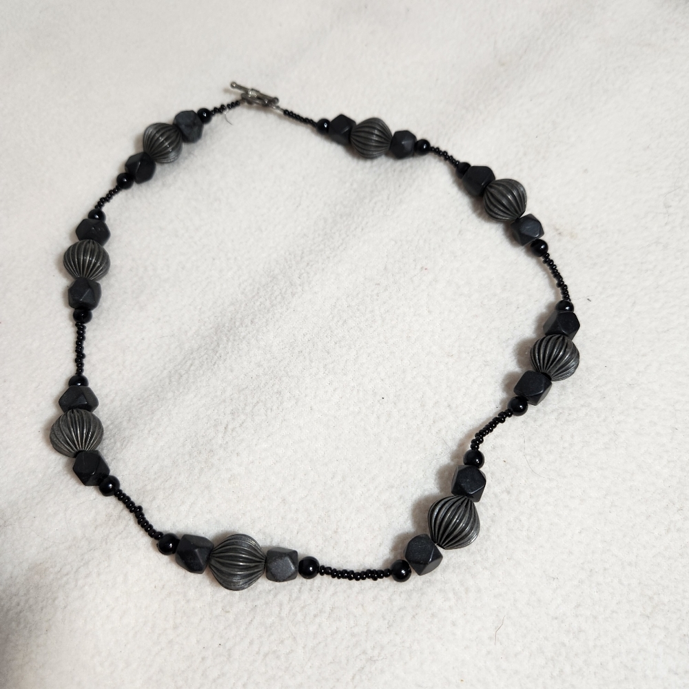 Grey & Black Beaded Choker Necklace with "O" Ring and Bar Closure